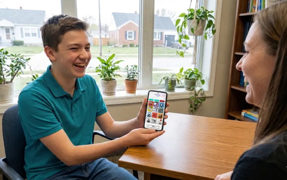 Child using AAC communication app on smartphone during therapy session