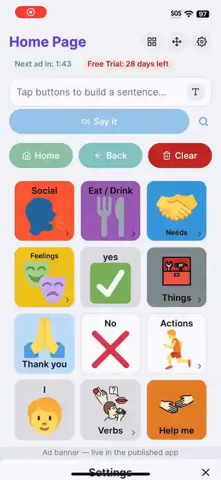 Friendly Voice App showing a customizable communication grid